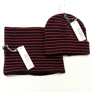Monoprix Kids Hat & Neck Warmer Set Navy Red Stripe 3-6Y NWT